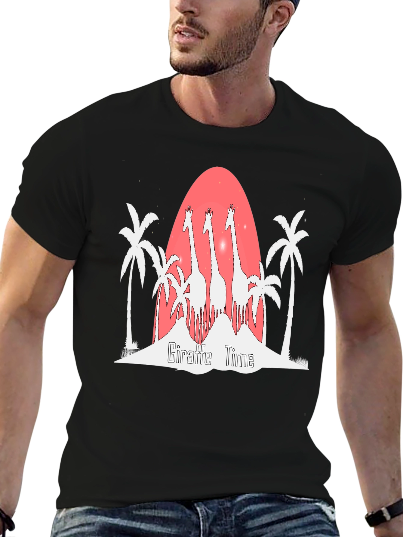 Giraffe Time Graphic Tee - Black Cotton T-Shirt