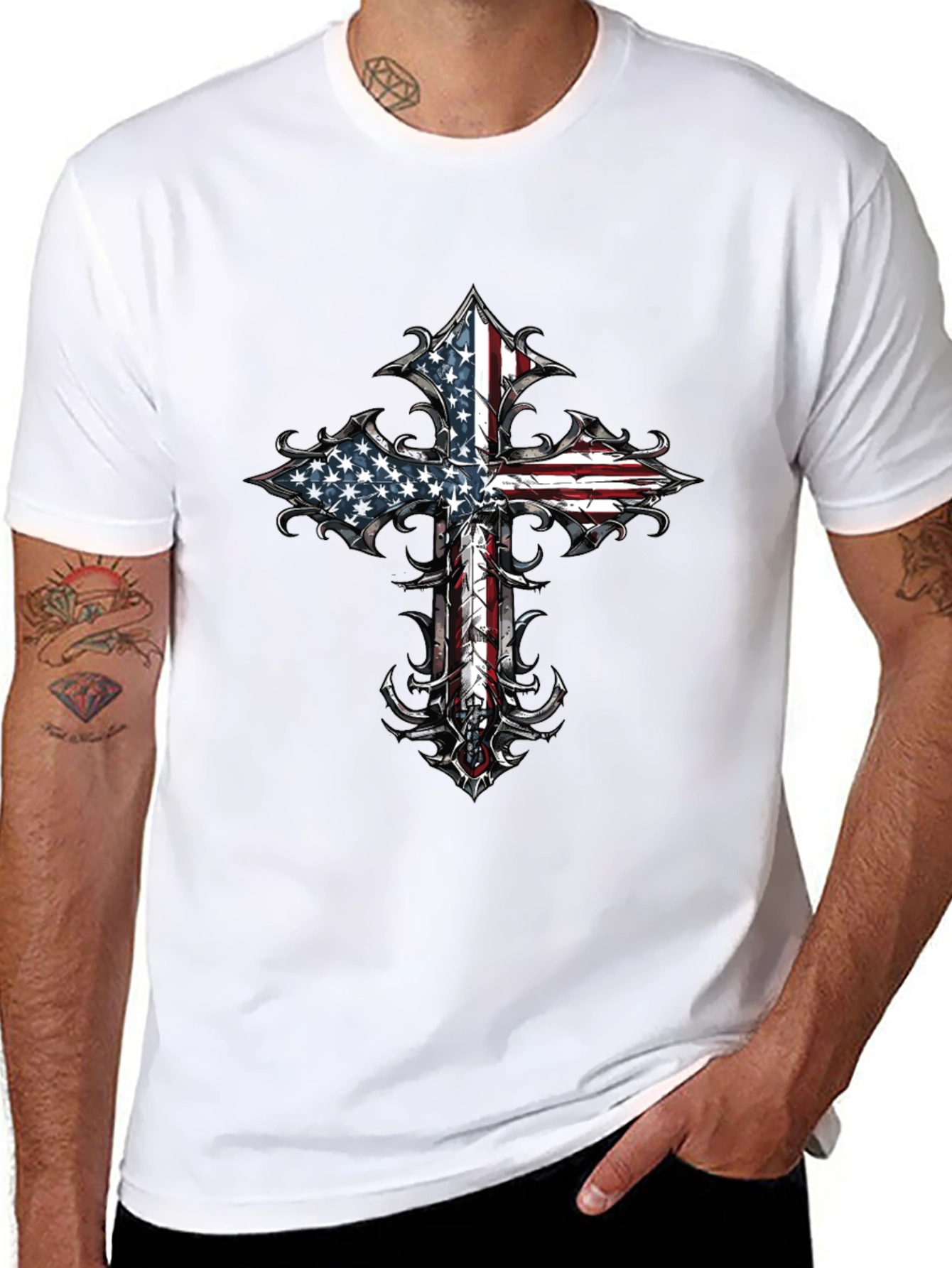 American Flag Cross Graphic Tee - Black
