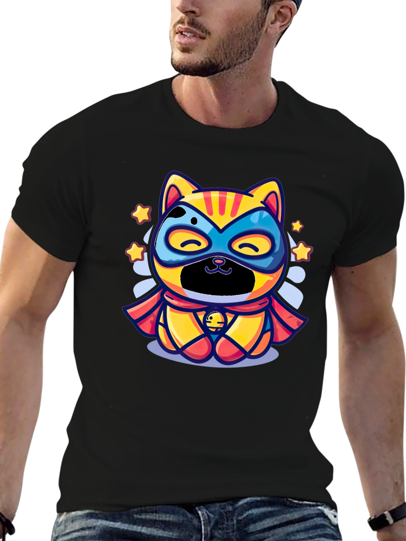 Superhero Cat Graphic Tee - Black