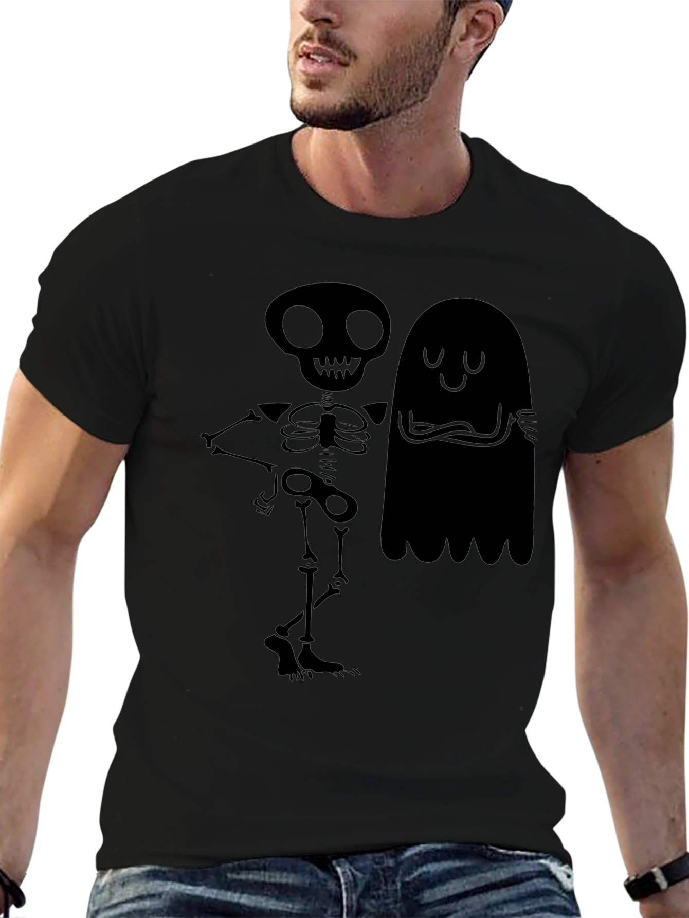 Spooky Skeleton & Ghost Graphic T-Shirt