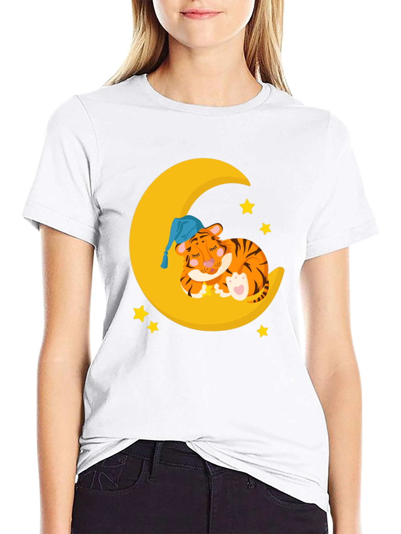 Cute Sleeping Tiger on Moon Graphic T-Shirt