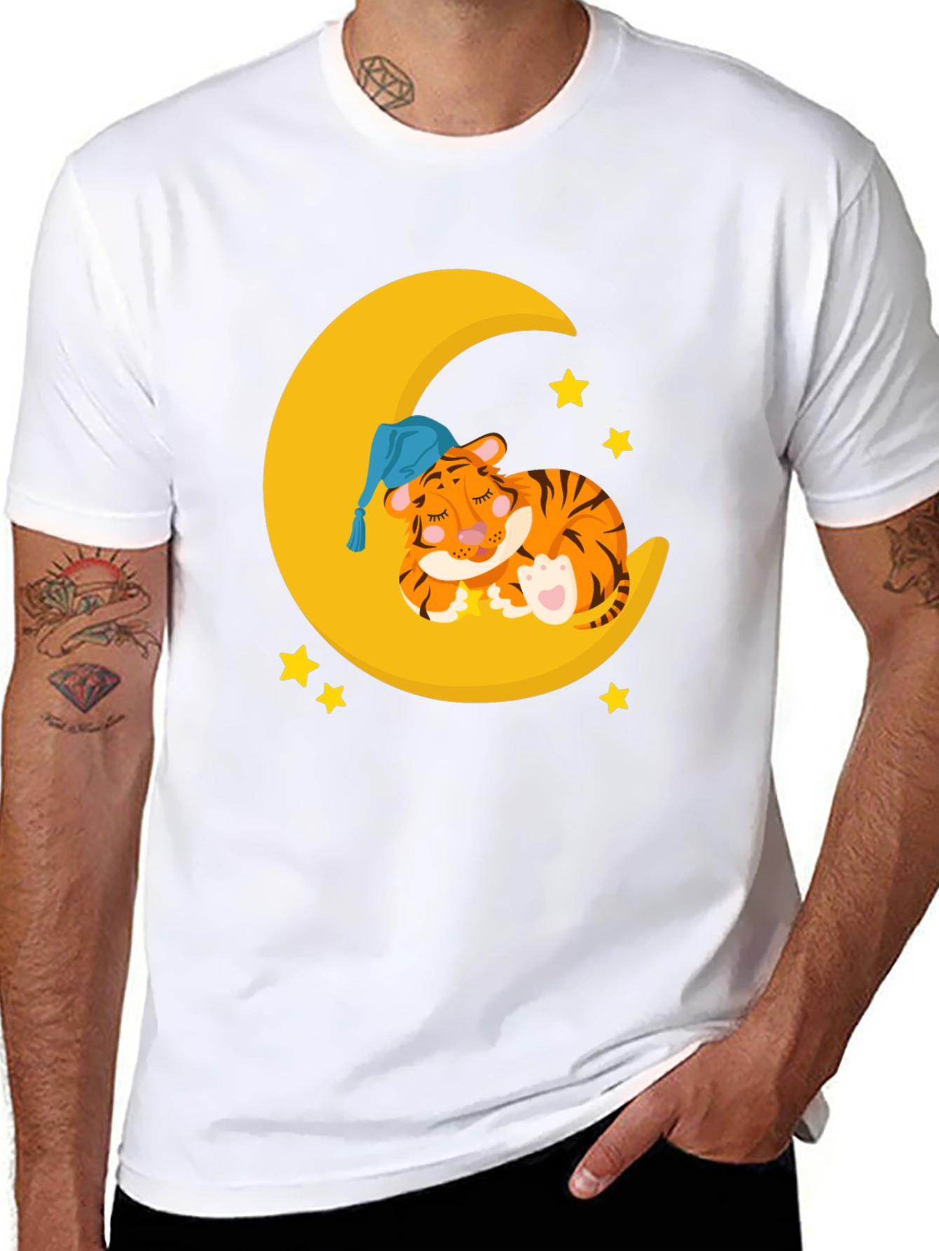 Cute Sleeping Tiger on Moon Graphic T-Shirt