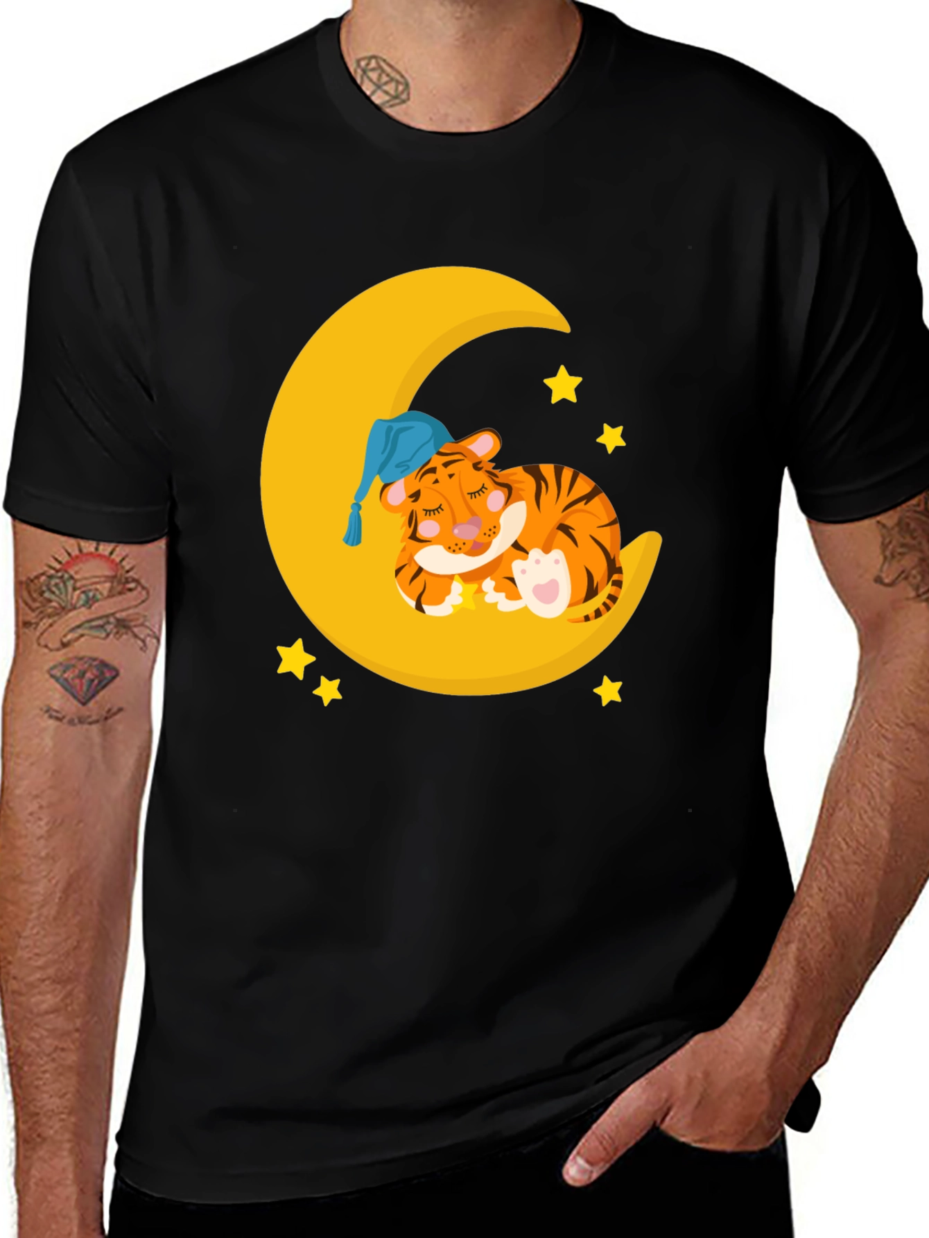 Cute Sleeping Tiger on Moon Graphic T-Shirt
