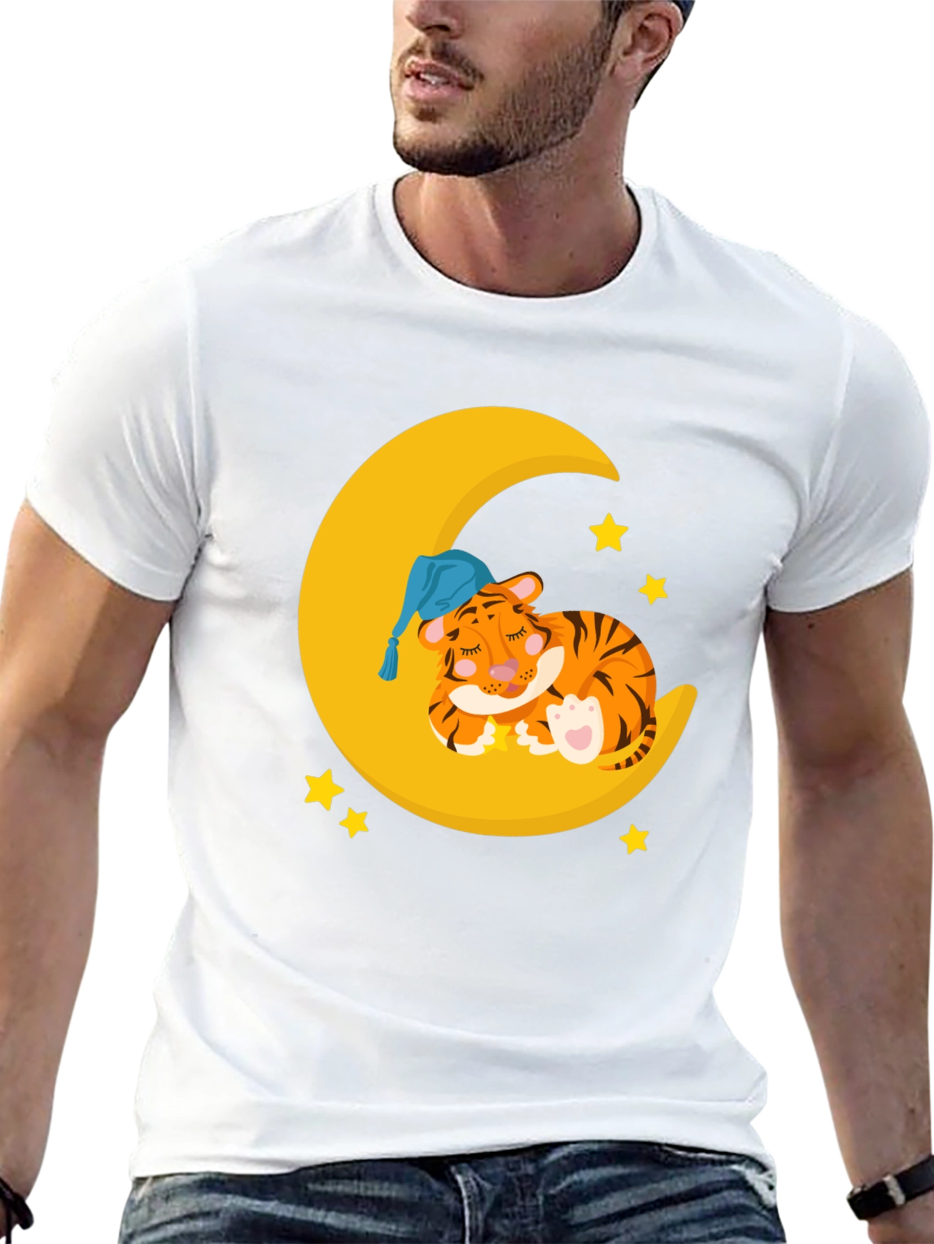 Cute Sleeping Tiger on Moon Graphic T-Shirt