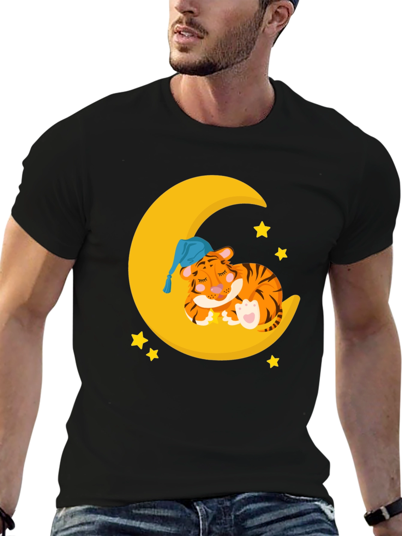 Cute Sleeping Tiger on Moon Graphic T-Shirt