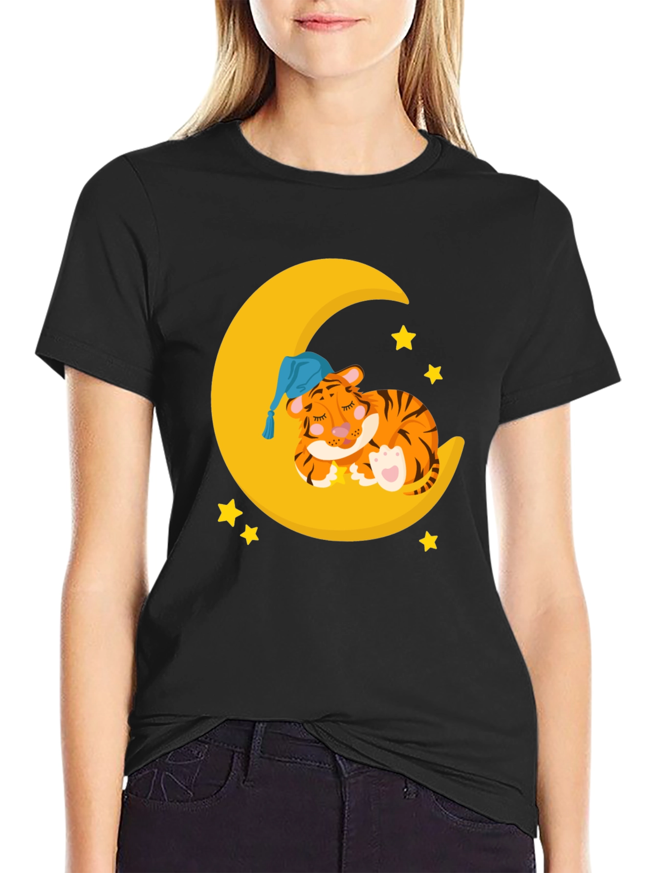 Cute Sleeping Tiger on Moon Graphic T-Shirt