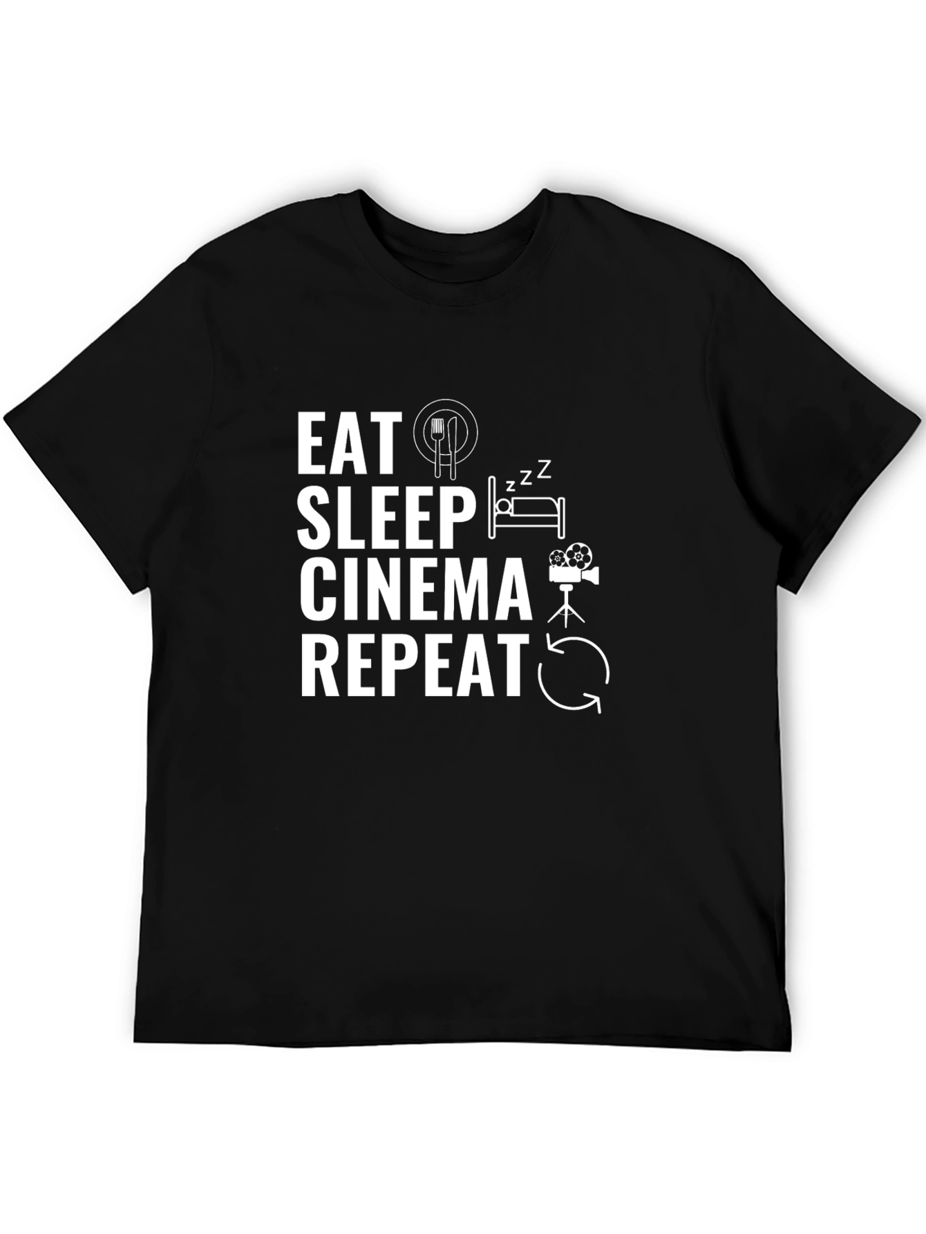 Eat Sleep Cinema Repeat Black Graphic T-Shirt