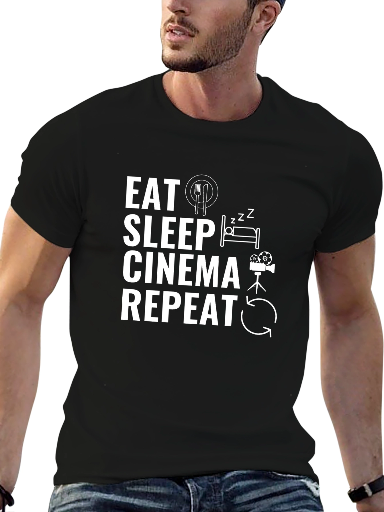 Eat Sleep Cinema Repeat Black Graphic T-Shirt
