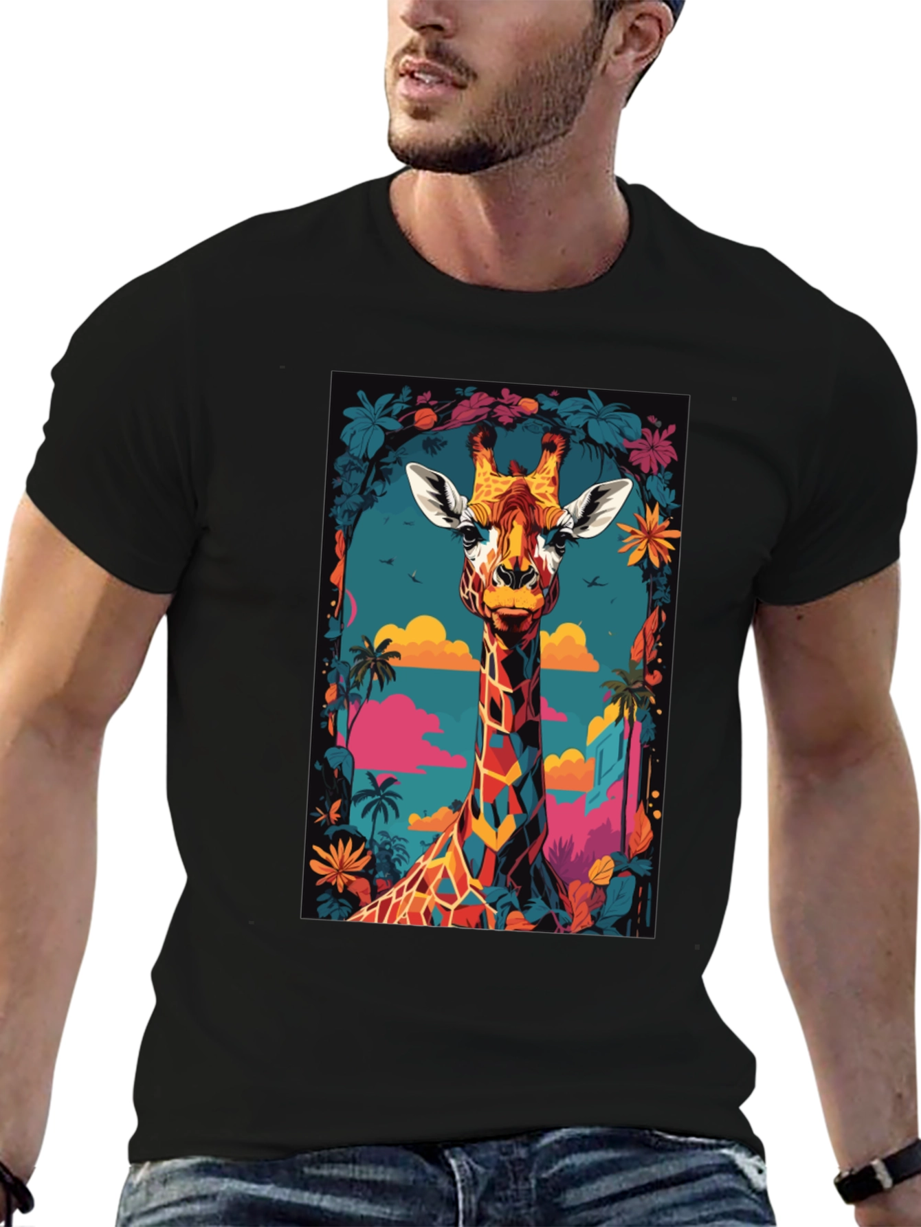 Cool Giraffe Graphic Print Black T-Shirt