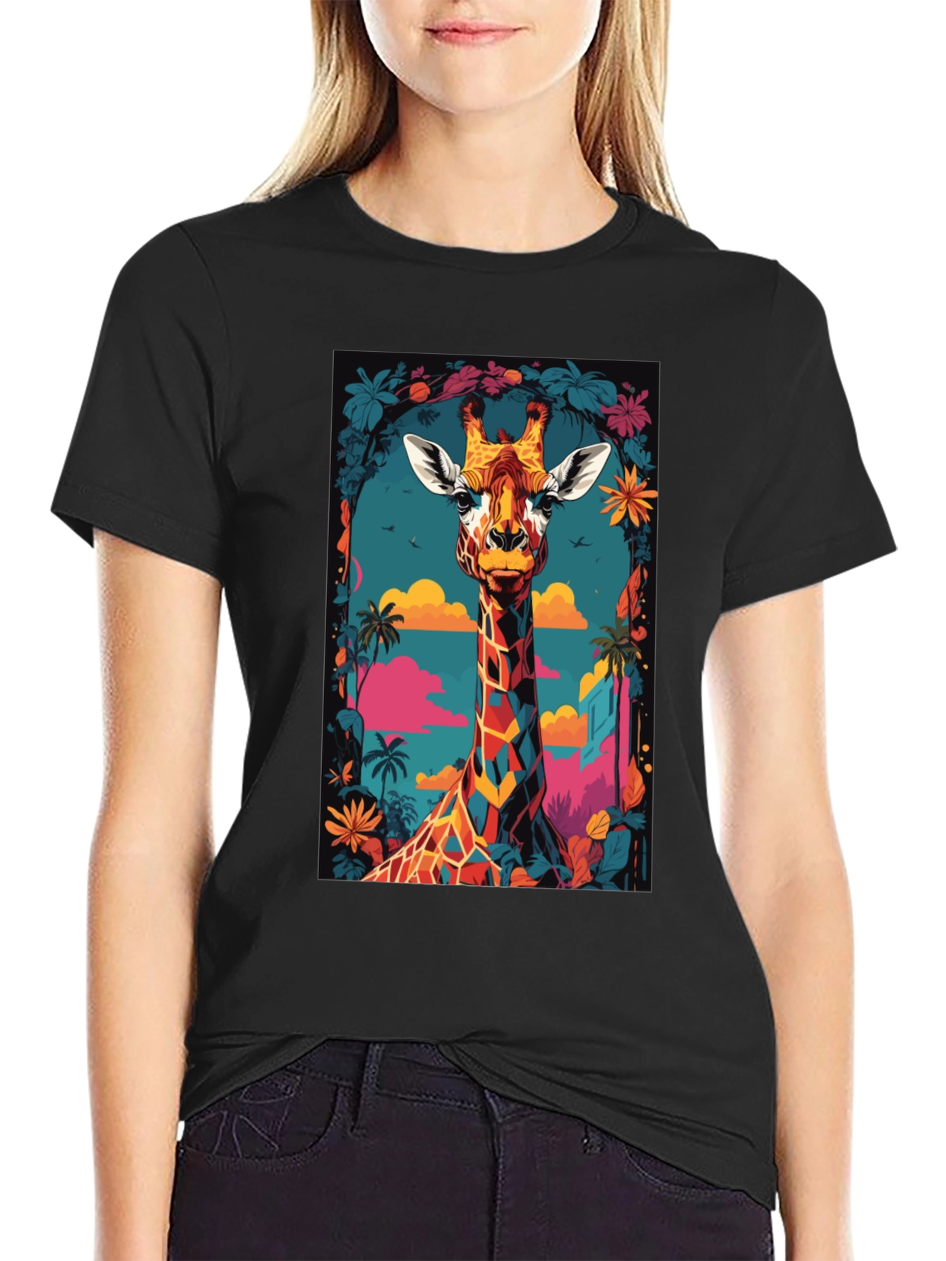 Cool Giraffe Graphic Print Black T-Shirt