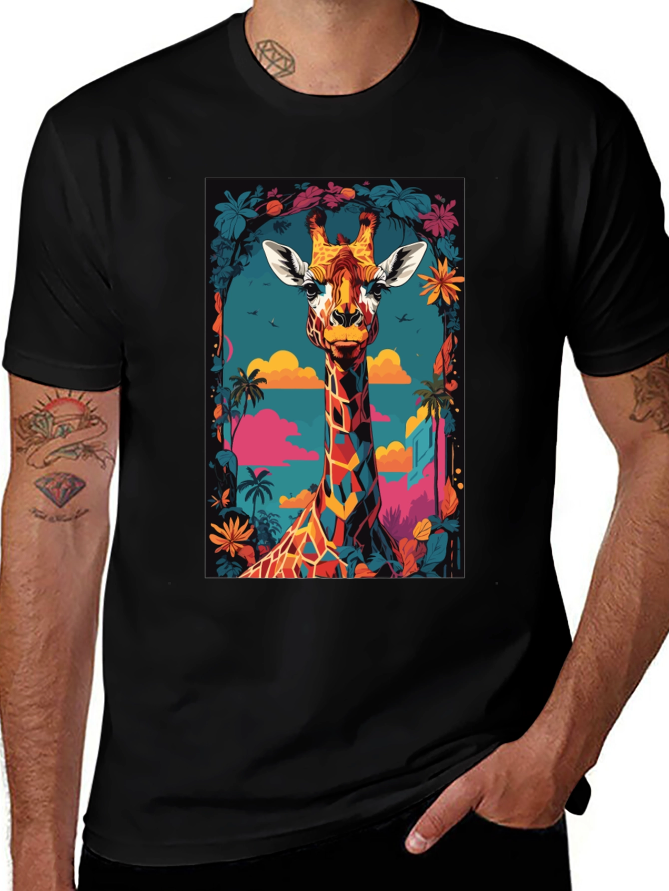 Cool Giraffe Graphic Print Black T-Shirt