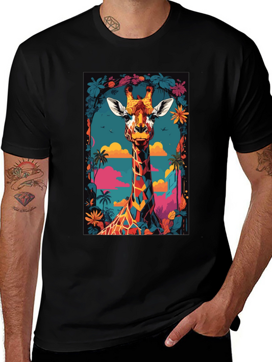 Cool Giraffe Graphic Print Black T-Shirt