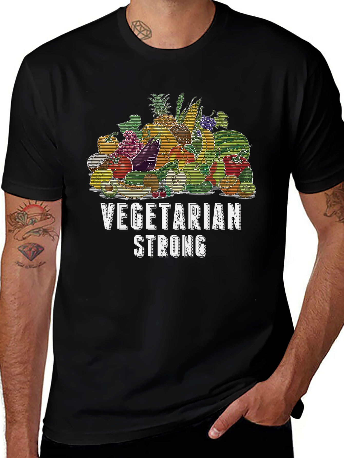 Vegetarian Strong Graphic T-Shirt Black Crew Neck Tee
