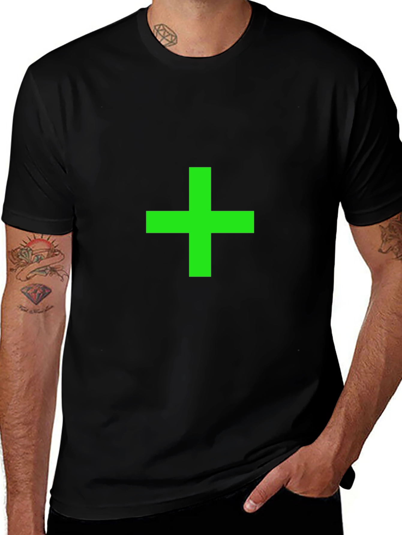 Green Plus Sign Black T-Shirt