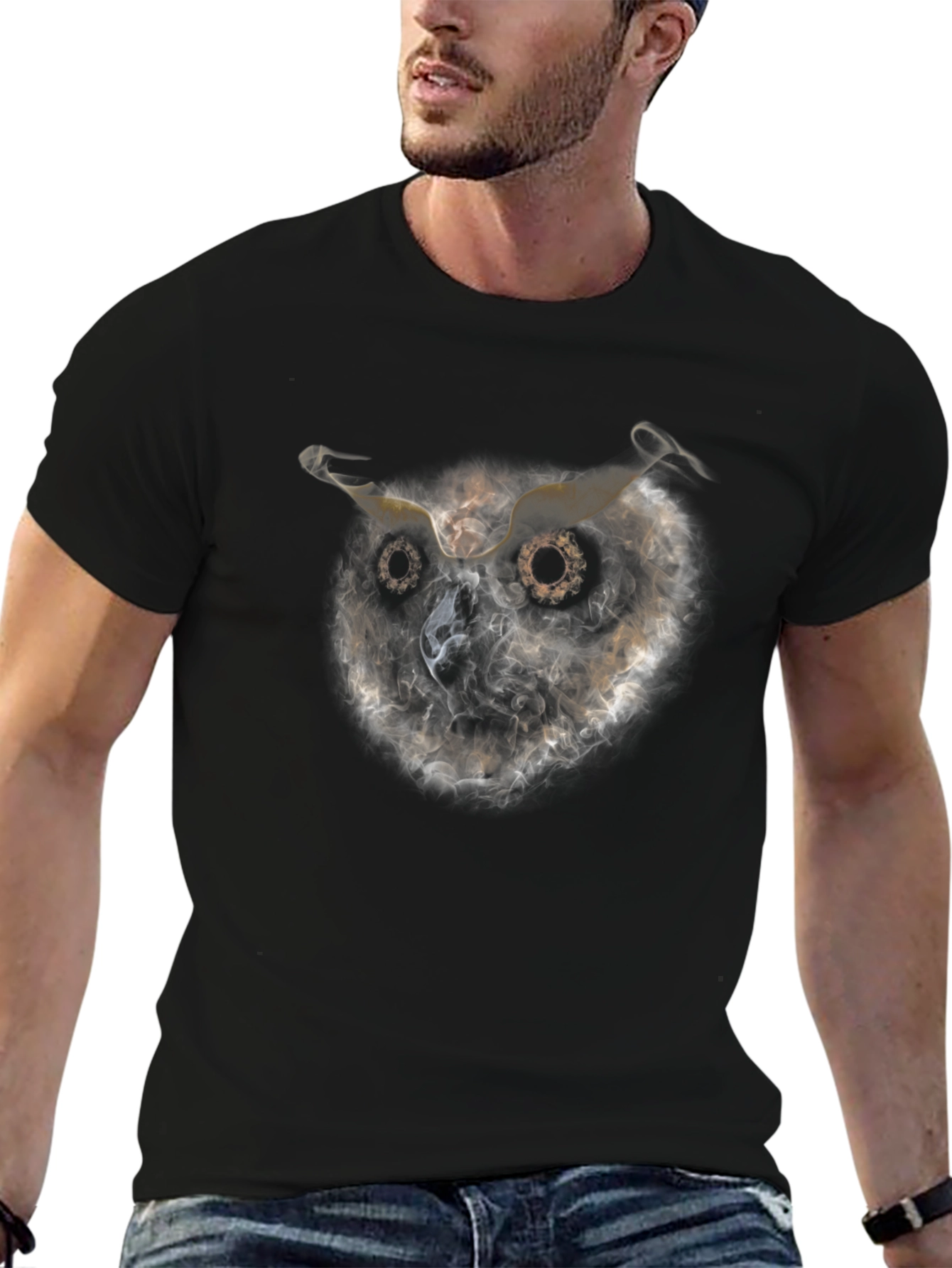 Owl Smoke Art Black T-Shirt