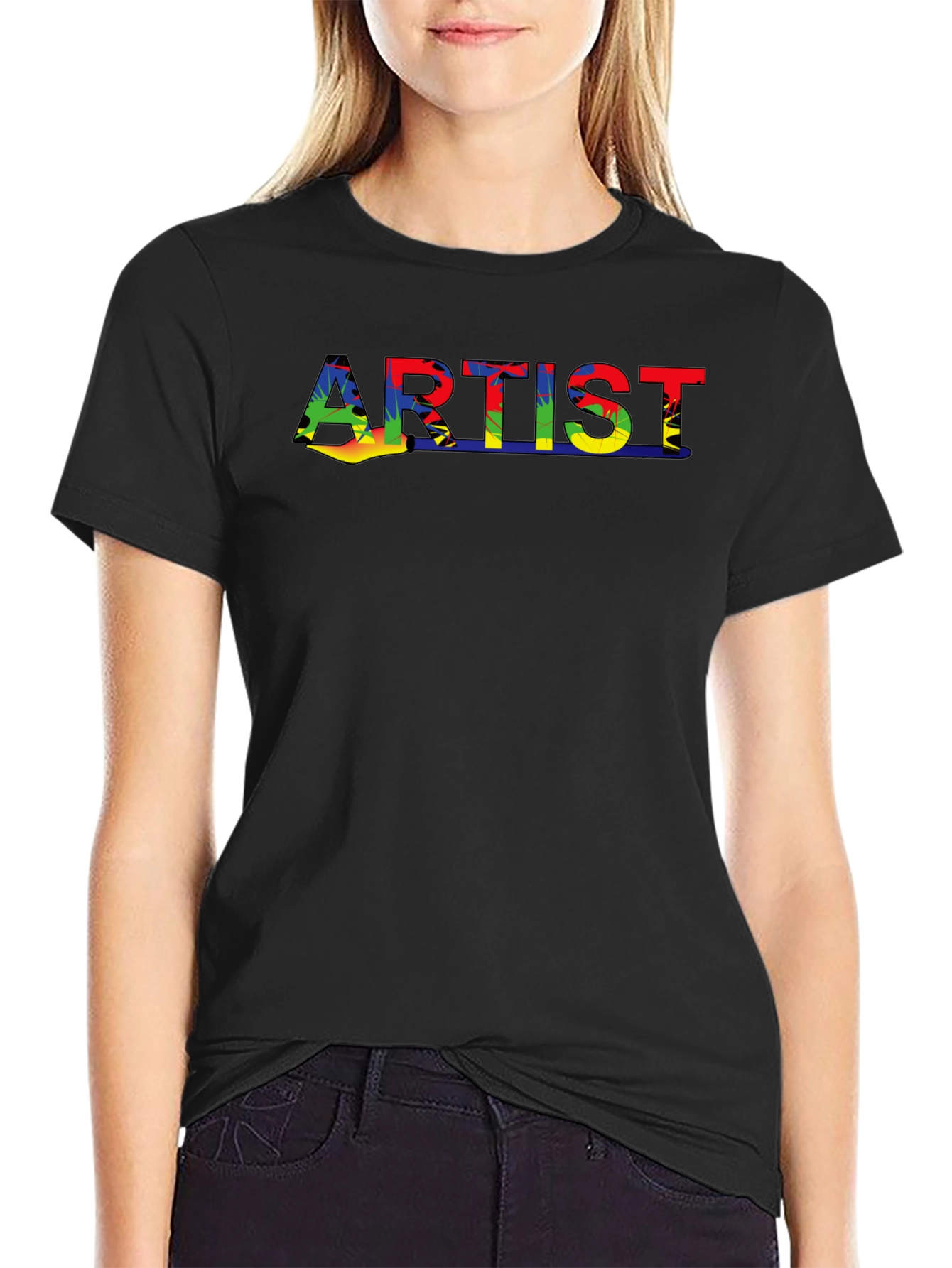 Artist Rainbow Design Black Cotton T-Shirt