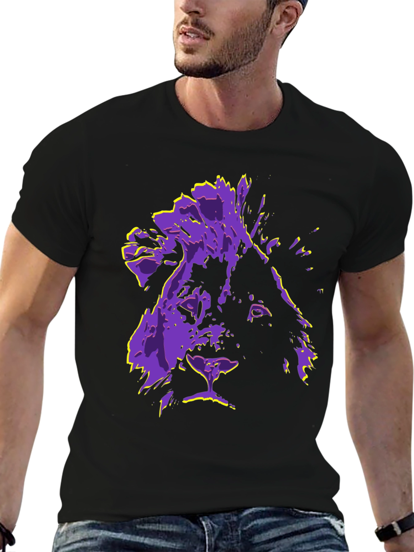 Lion Graphic Tee - Purple & Yellow Print T-Shirt