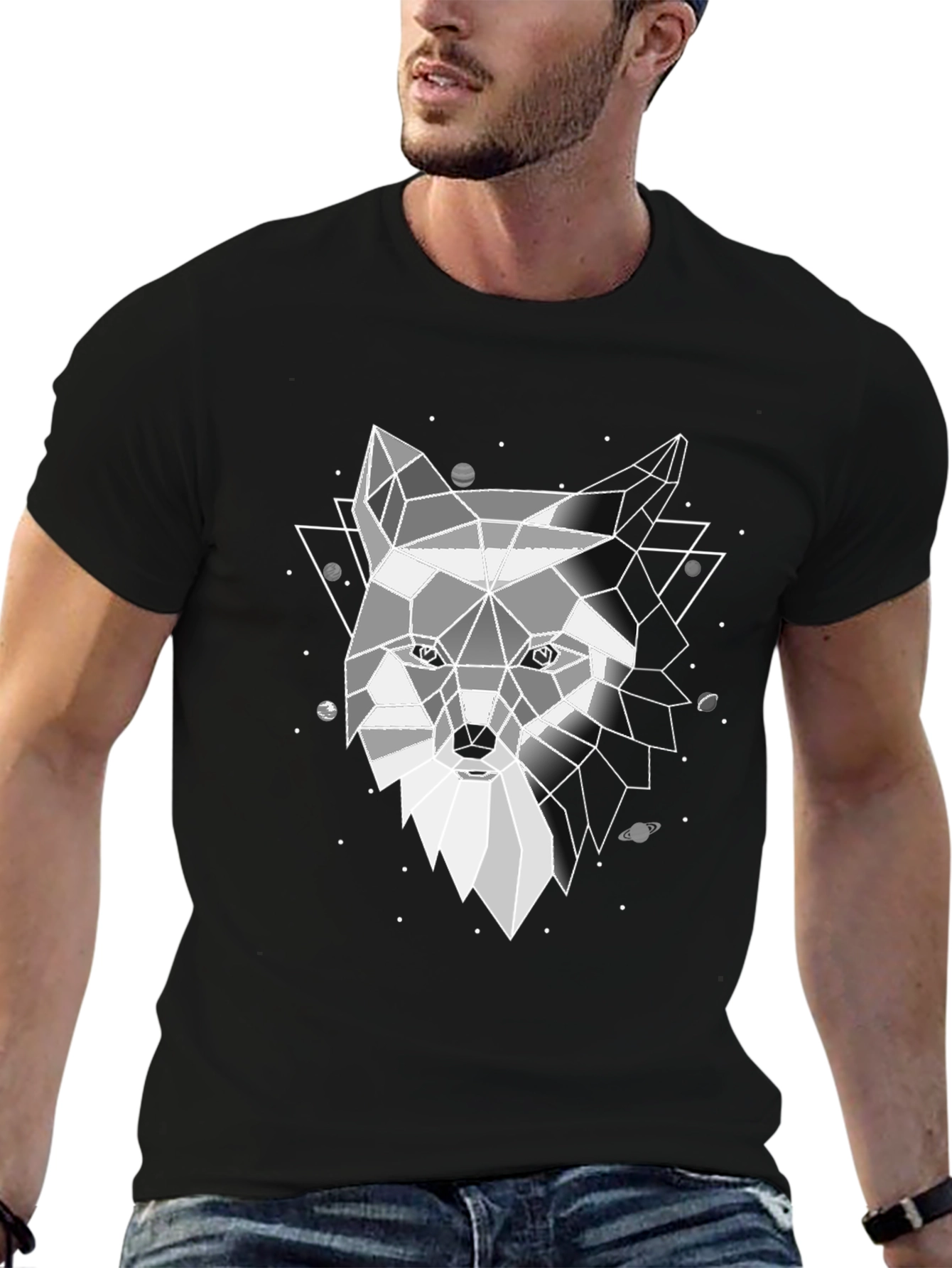 Geometric Wolf Print Black T-Shirt