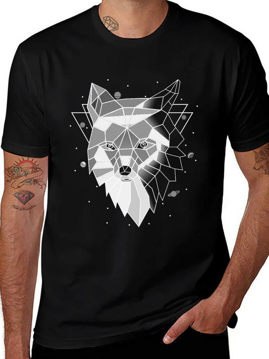 Geometric Wolf Print Black T-Shirt