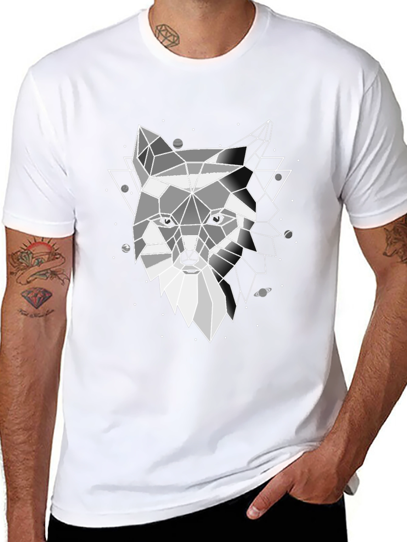 Geometric Wolf Print Black T-Shirt