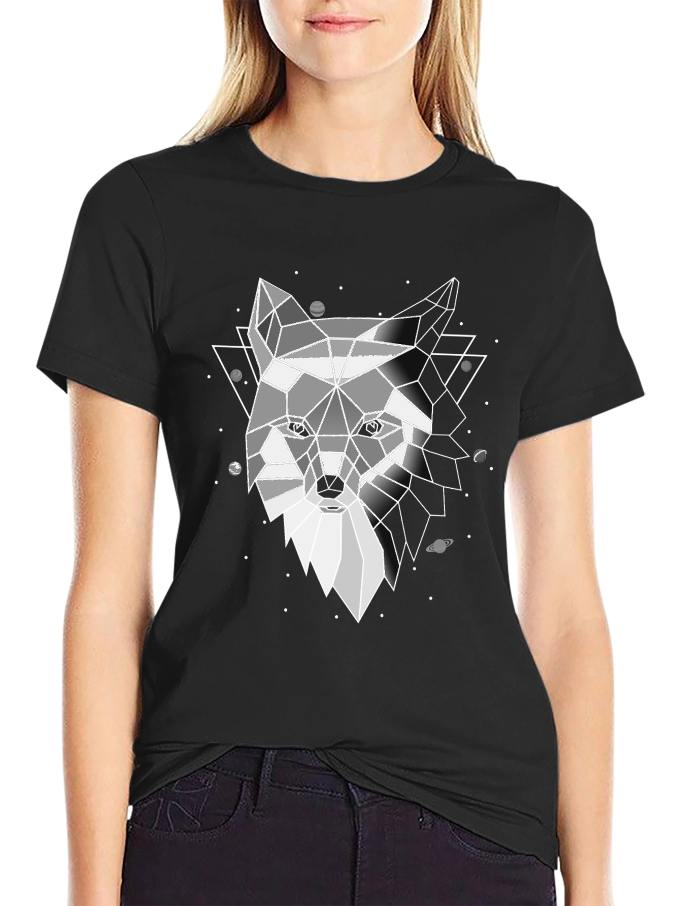 Geometric Wolf Print Black T-Shirt
