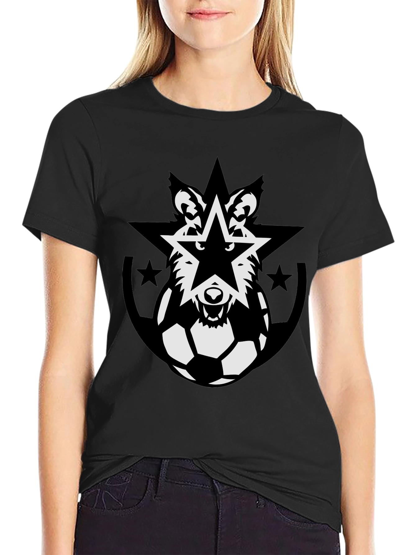 Wolf Star Soccer Ball Black T-Shirt