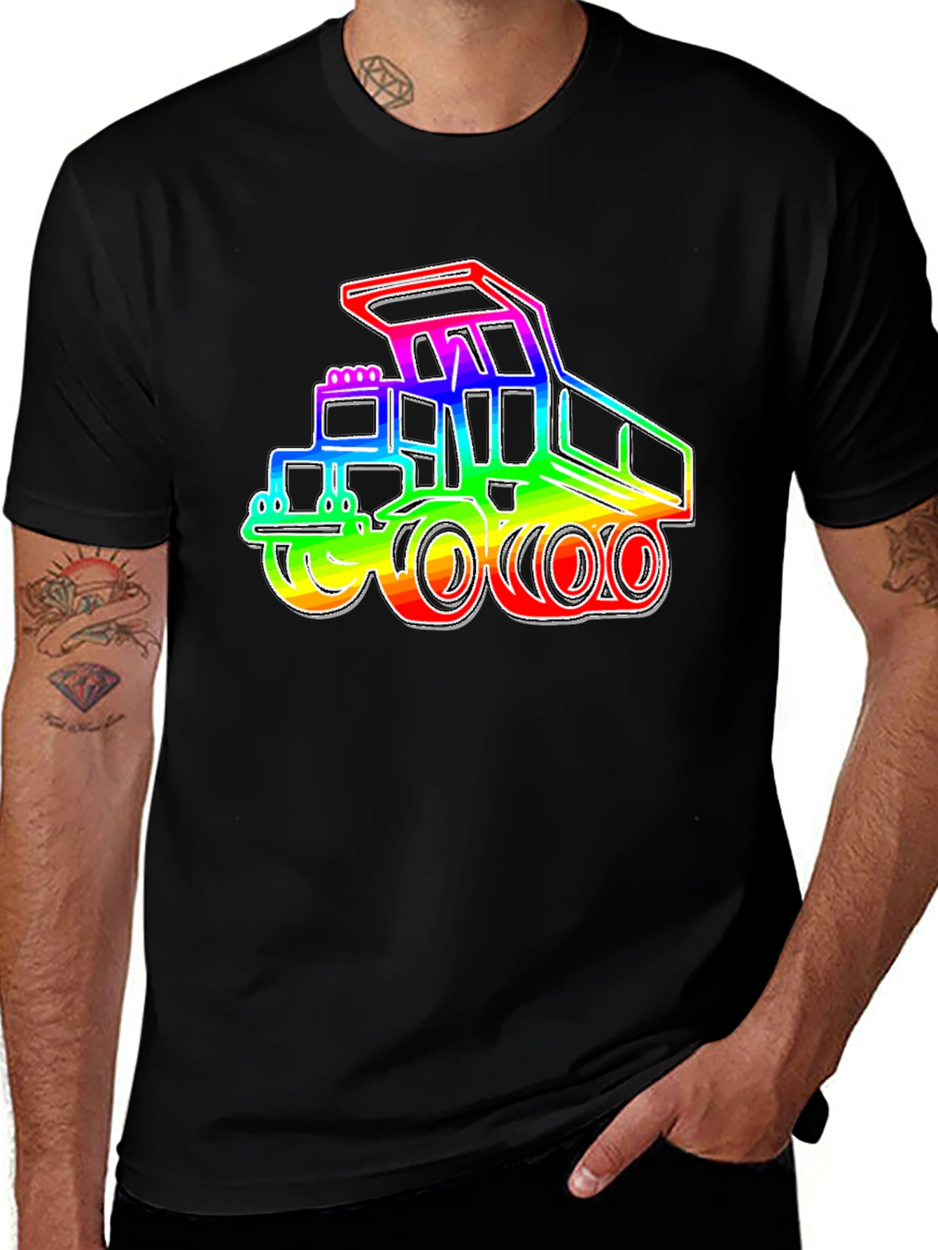 Rainbow Construction Truck Black T-Shirt