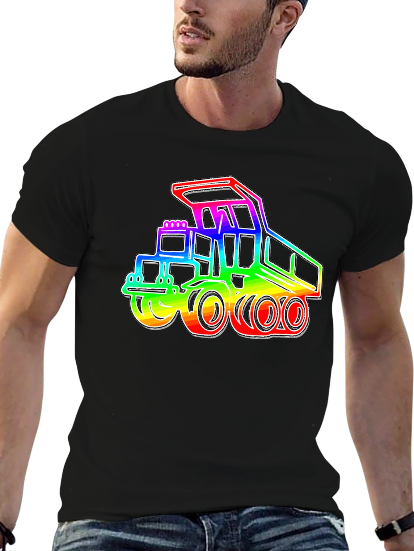Rainbow Construction Truck Black T-Shirt