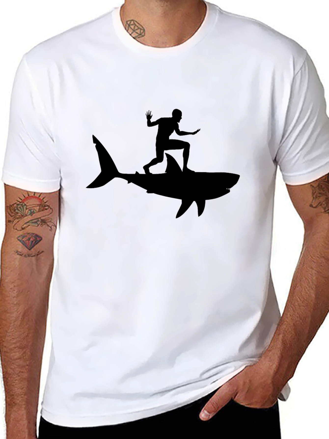 Shark Surfer Black T-Shirt - Ride the Wave!
