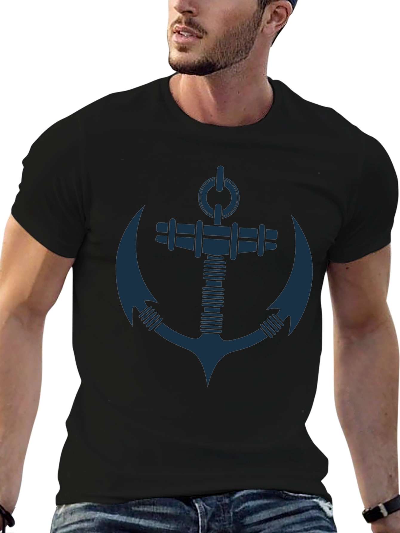 Nautical Anchor Graphic Tee - Black Cotton T-Shirt