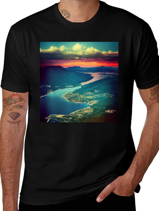 Sunset Landscape Graphic Tee - Stylish Mens Crew Neck T-Shirt
