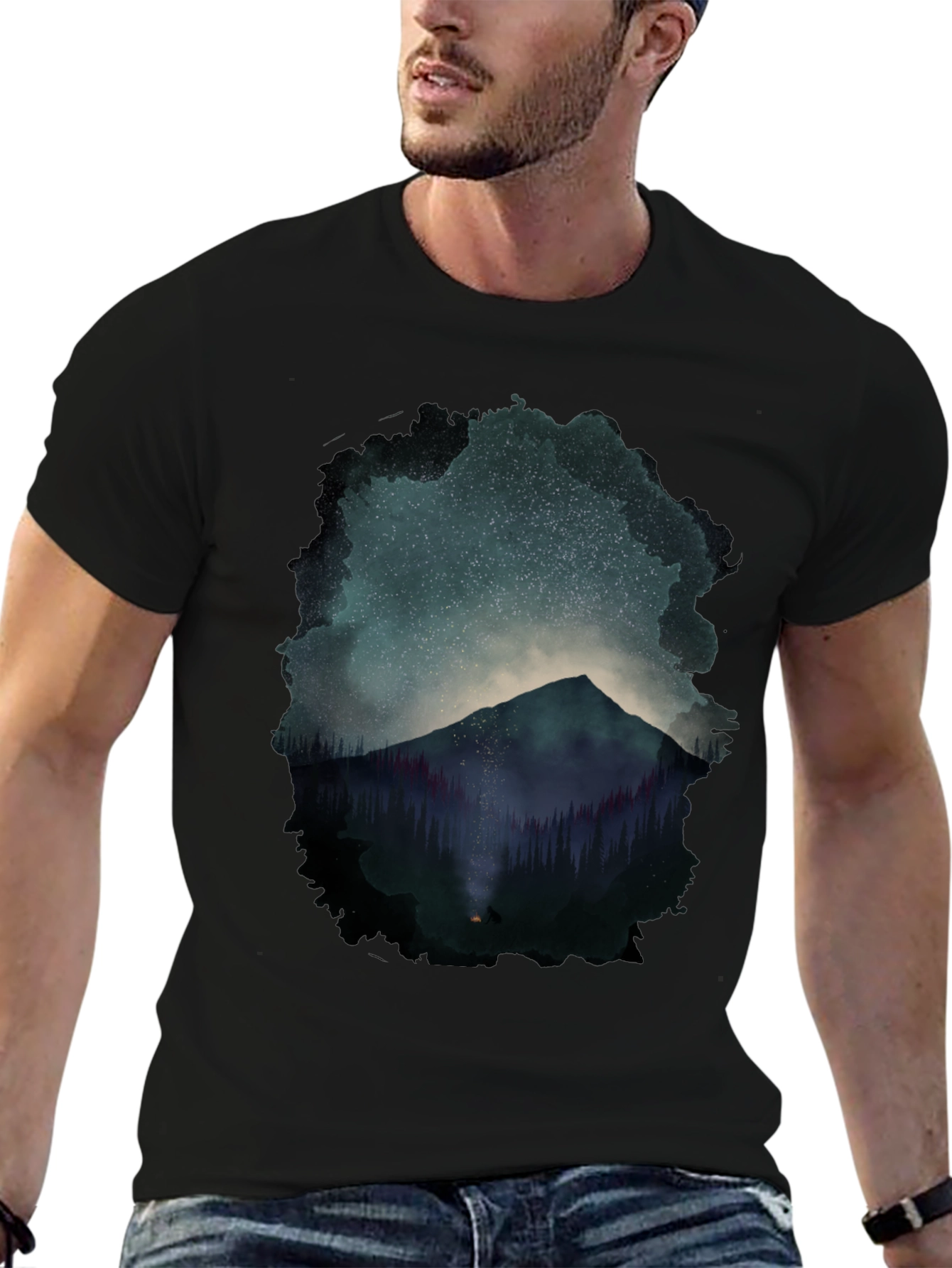 Mountain Starry Night Graphic Tee - Black