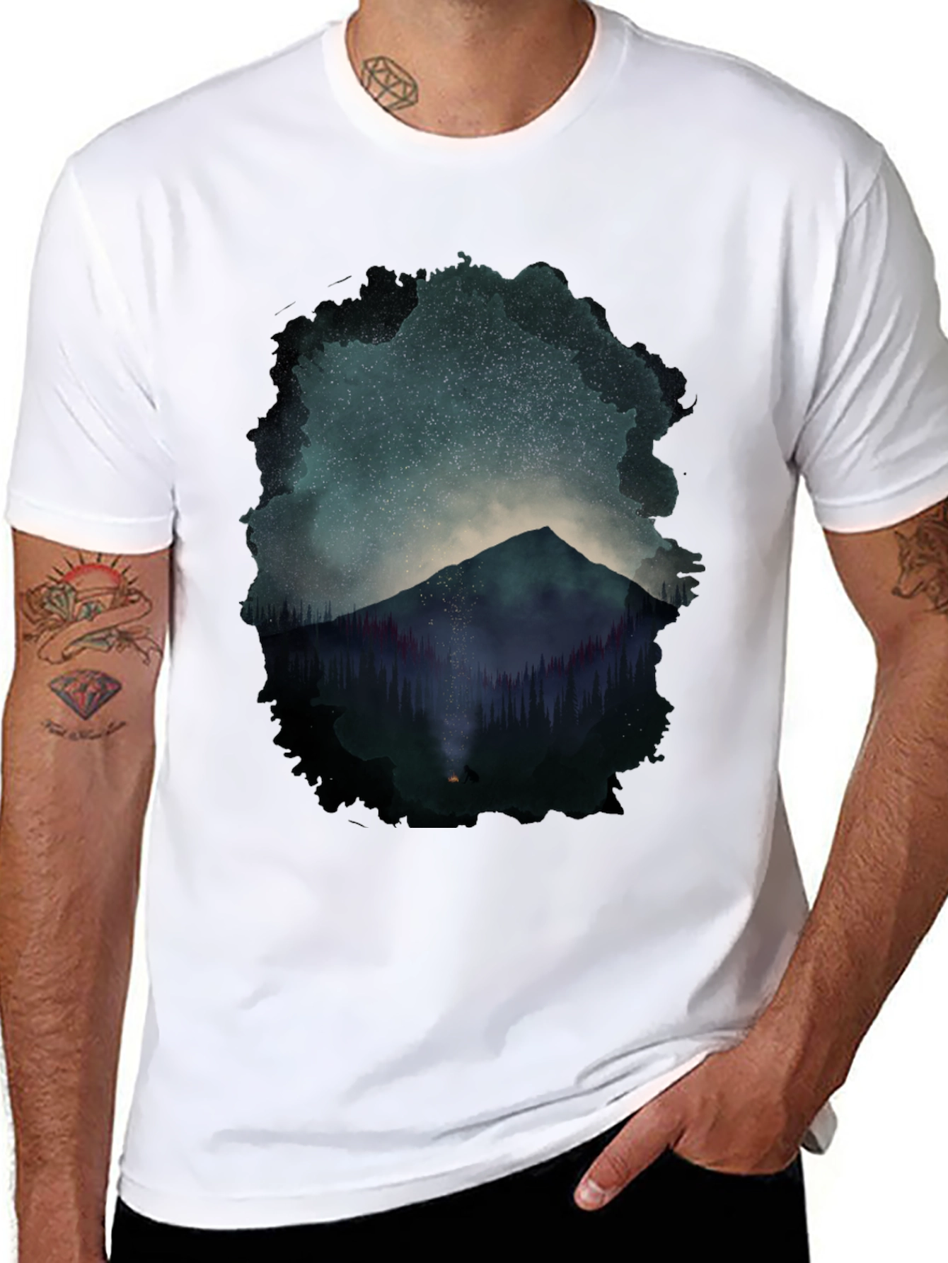 Mountain Starry Night Graphic Tee - Black