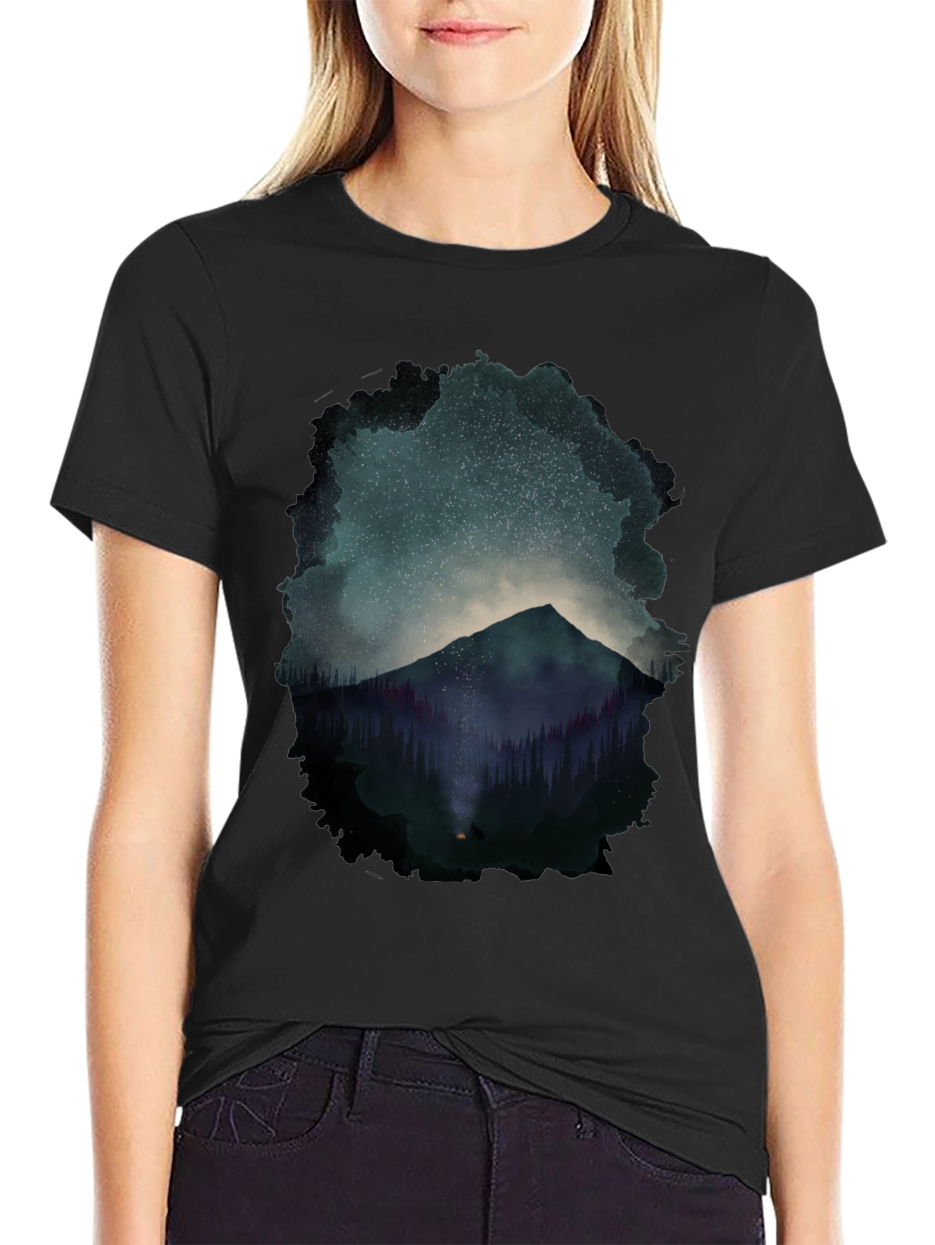 Mountain Starry Night Graphic Tee - Black