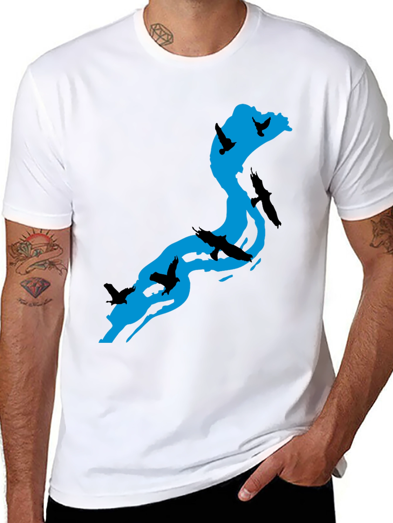 River Birds Graphic T-Shirt - Black Cotton Tee