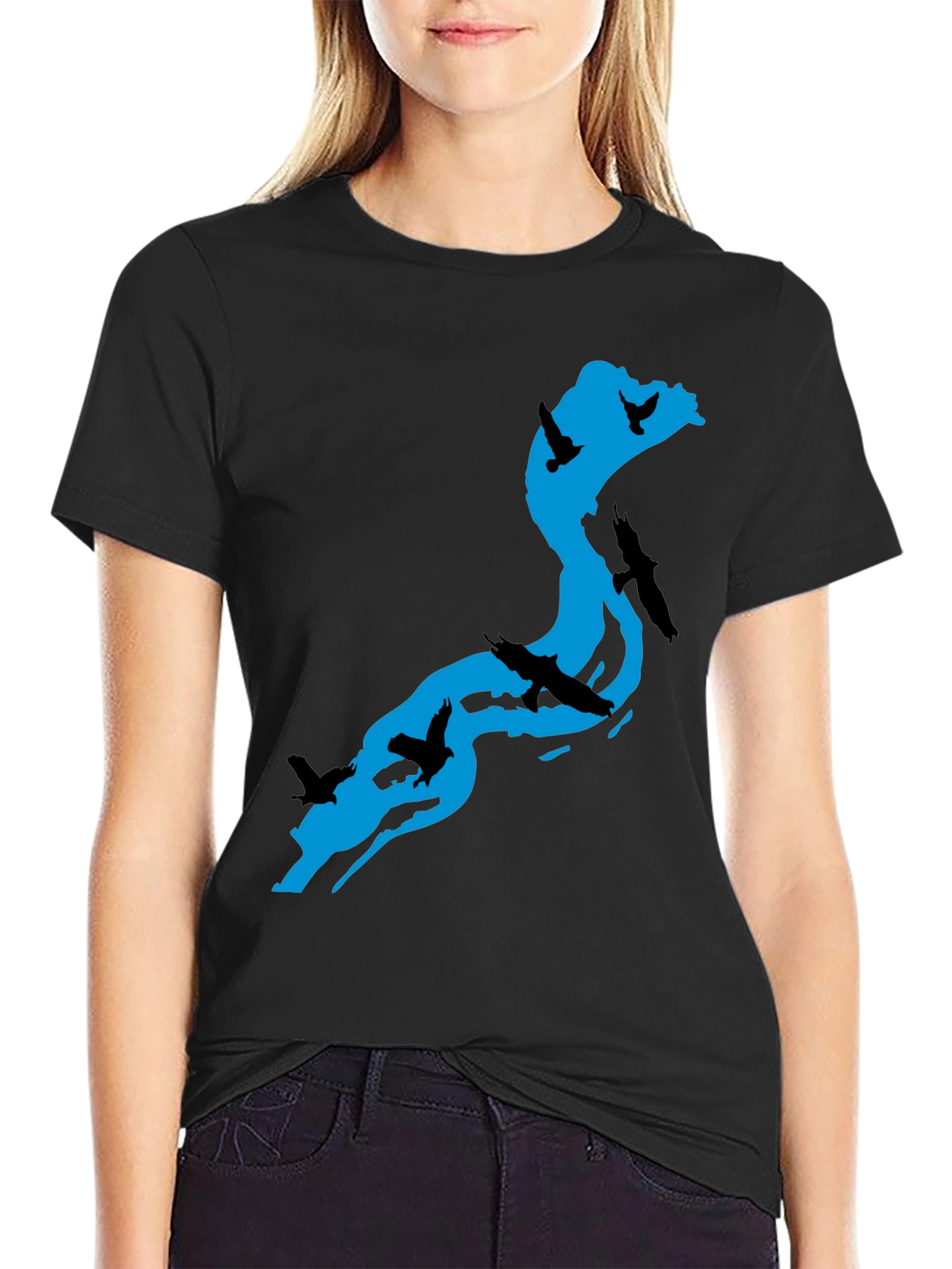 River Birds Graphic T-Shirt - Black Cotton Tee