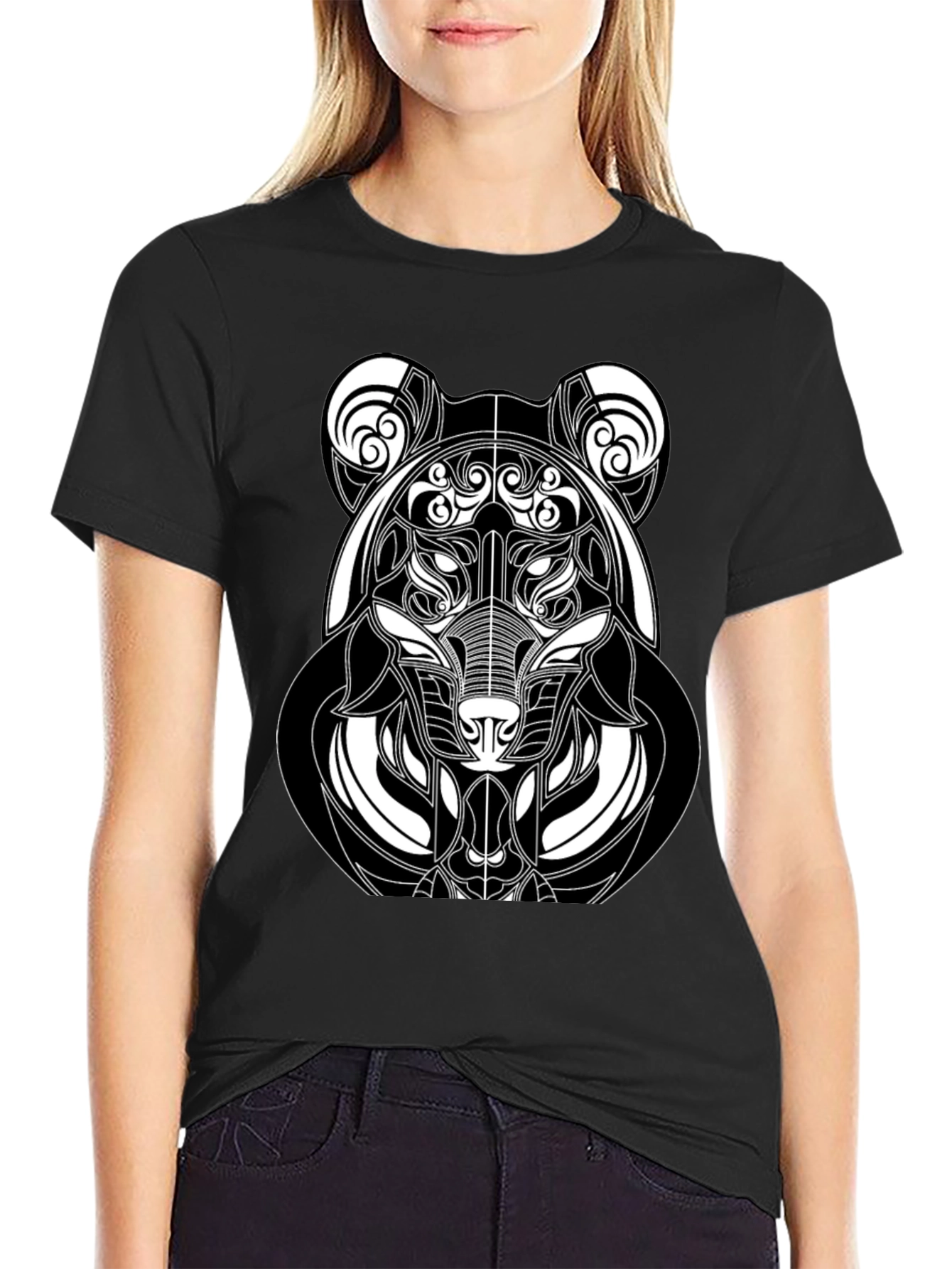 Abstract Bear Graphic T-Shirt - Black