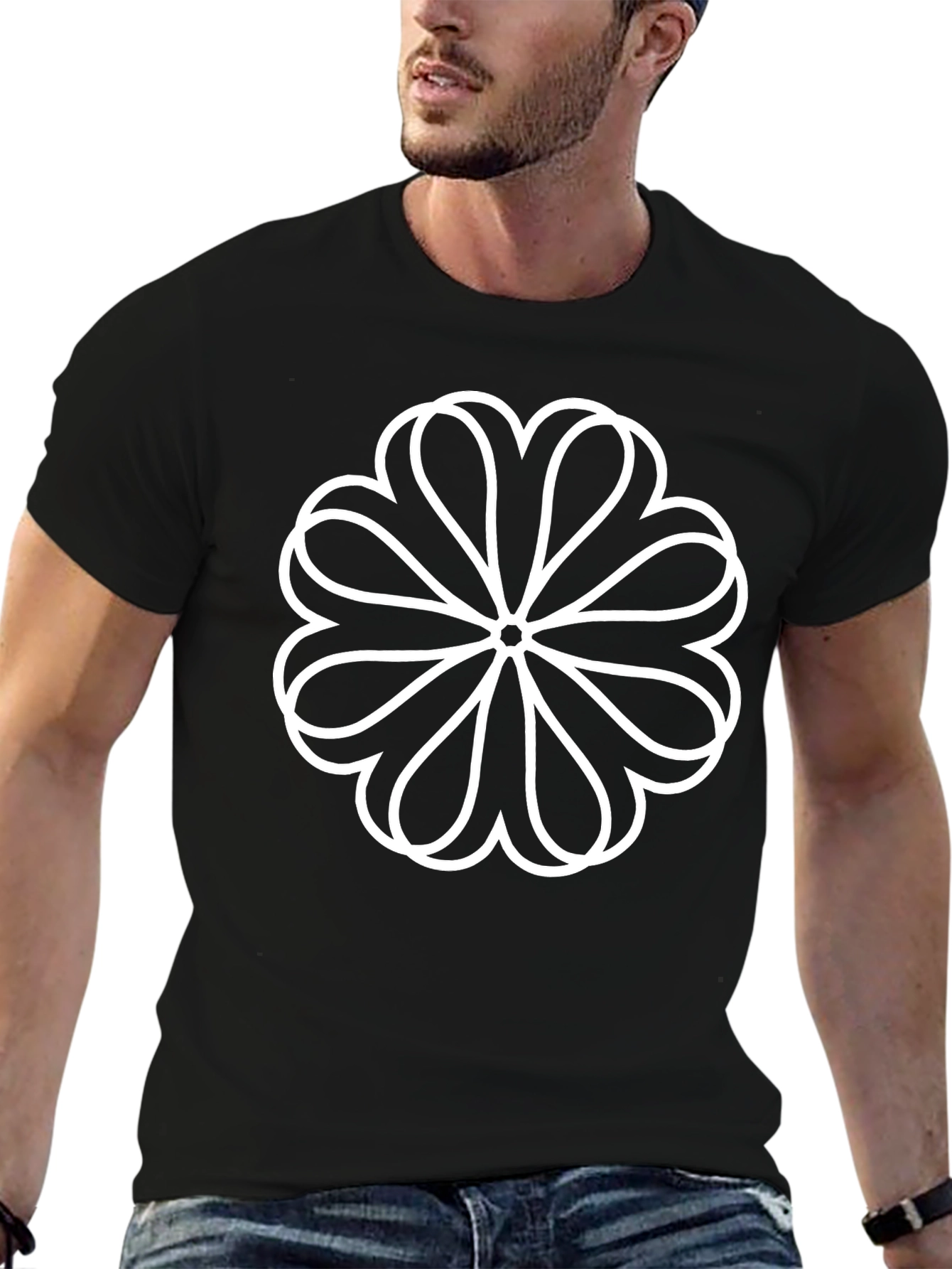 Black T-Shirt with White Floral Design
