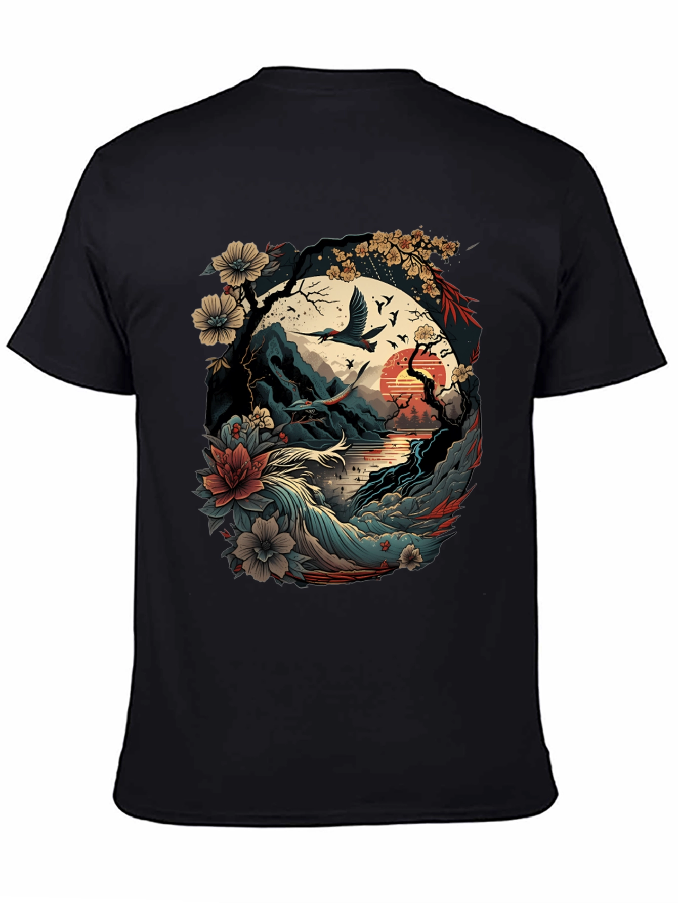 Artistic Japanese Landscape Black T-Shirt