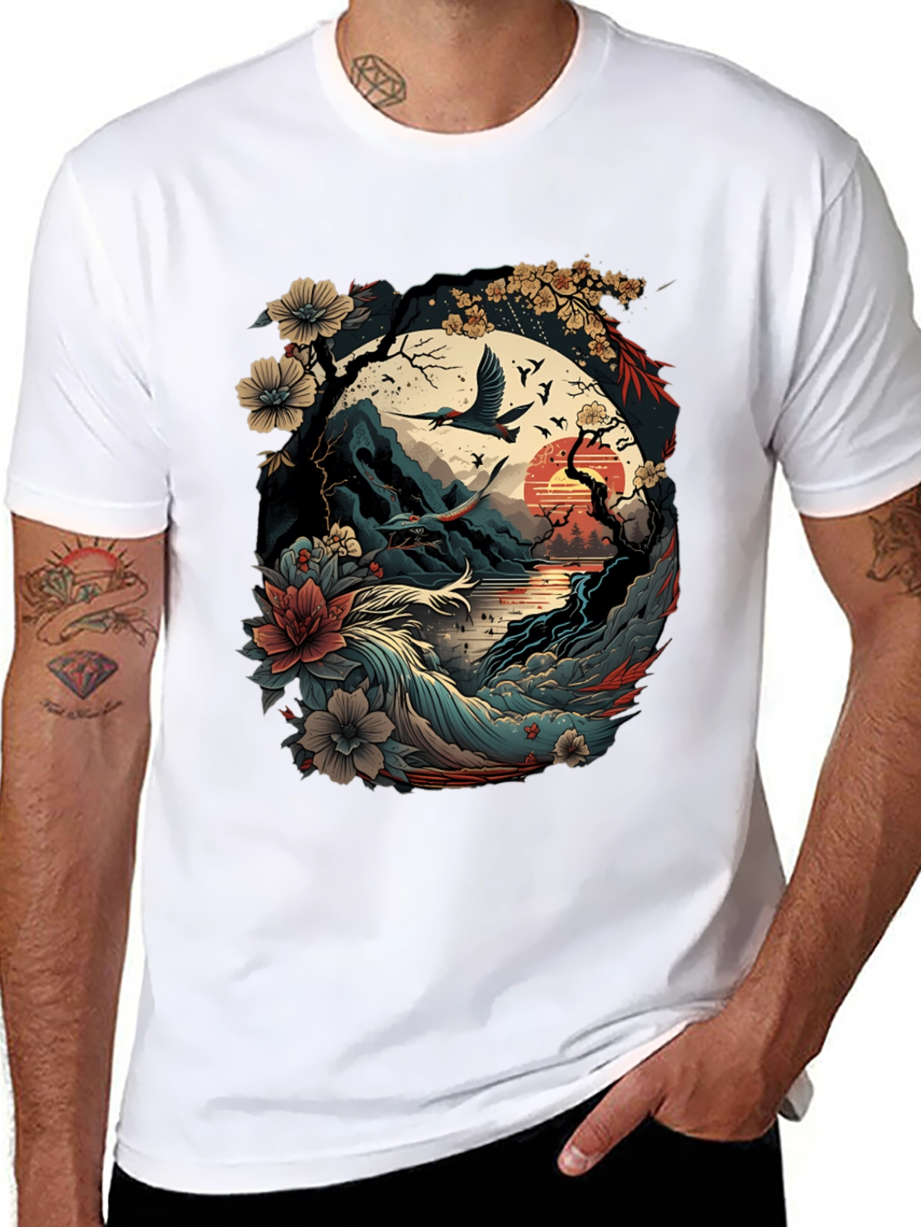 Artistic Japanese Landscape Black T-Shirt