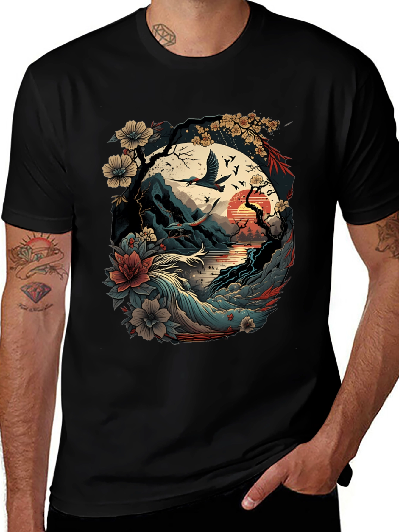 Artistic Japanese Landscape Black T-Shirt