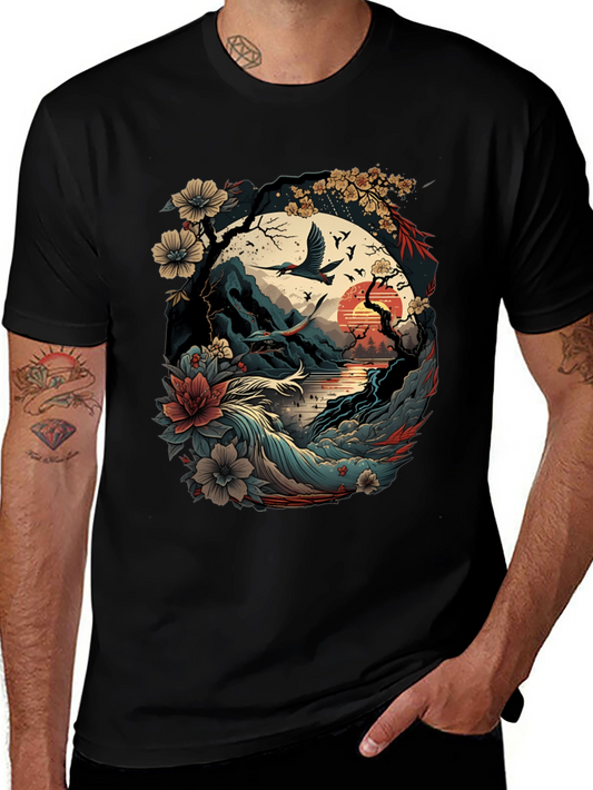 Artistic Japanese Landscape Black T-Shirt