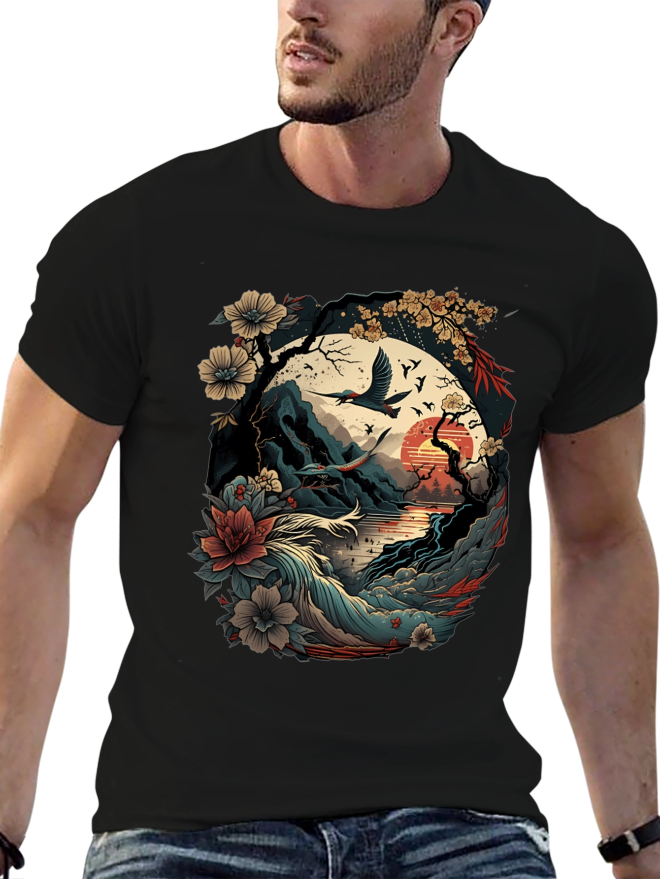 Artistic Japanese Landscape Black T-Shirt