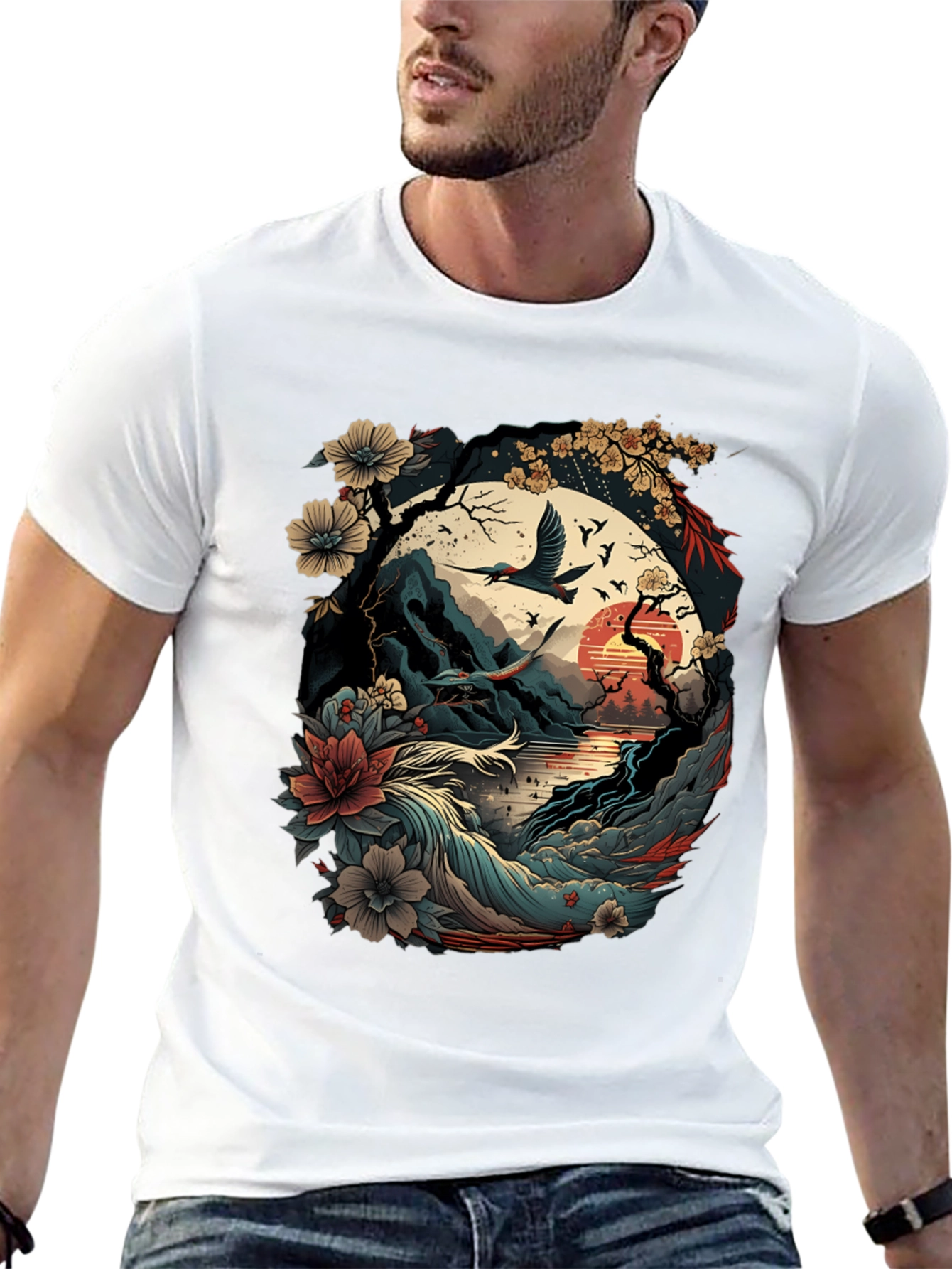 Artistic Japanese Landscape Black T-Shirt