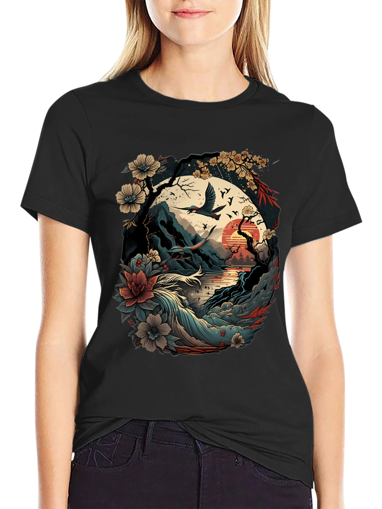 Artistic Japanese Landscape Black T-Shirt