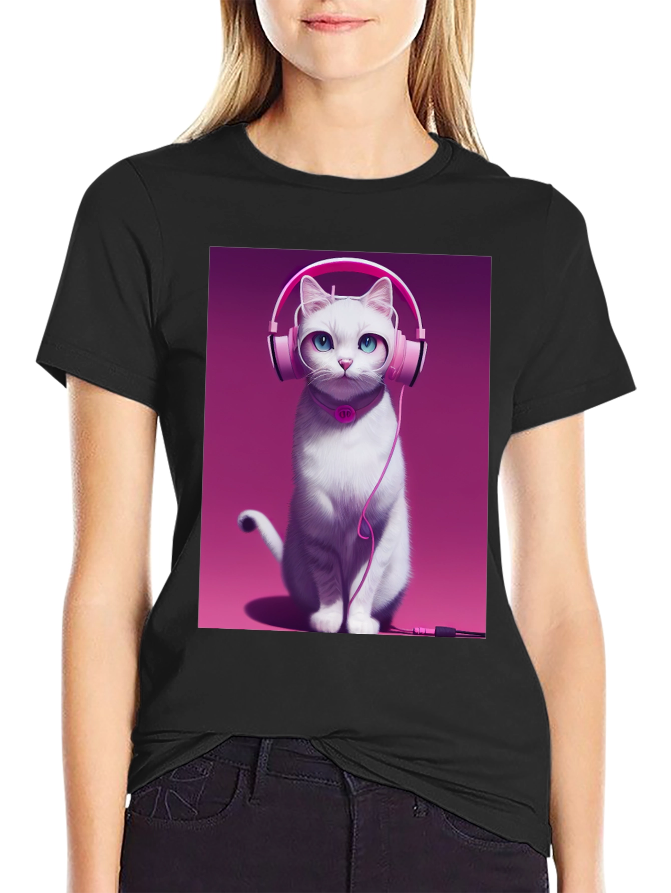 Cat with Headphones Graphic Tee - Black Cotton Shirt