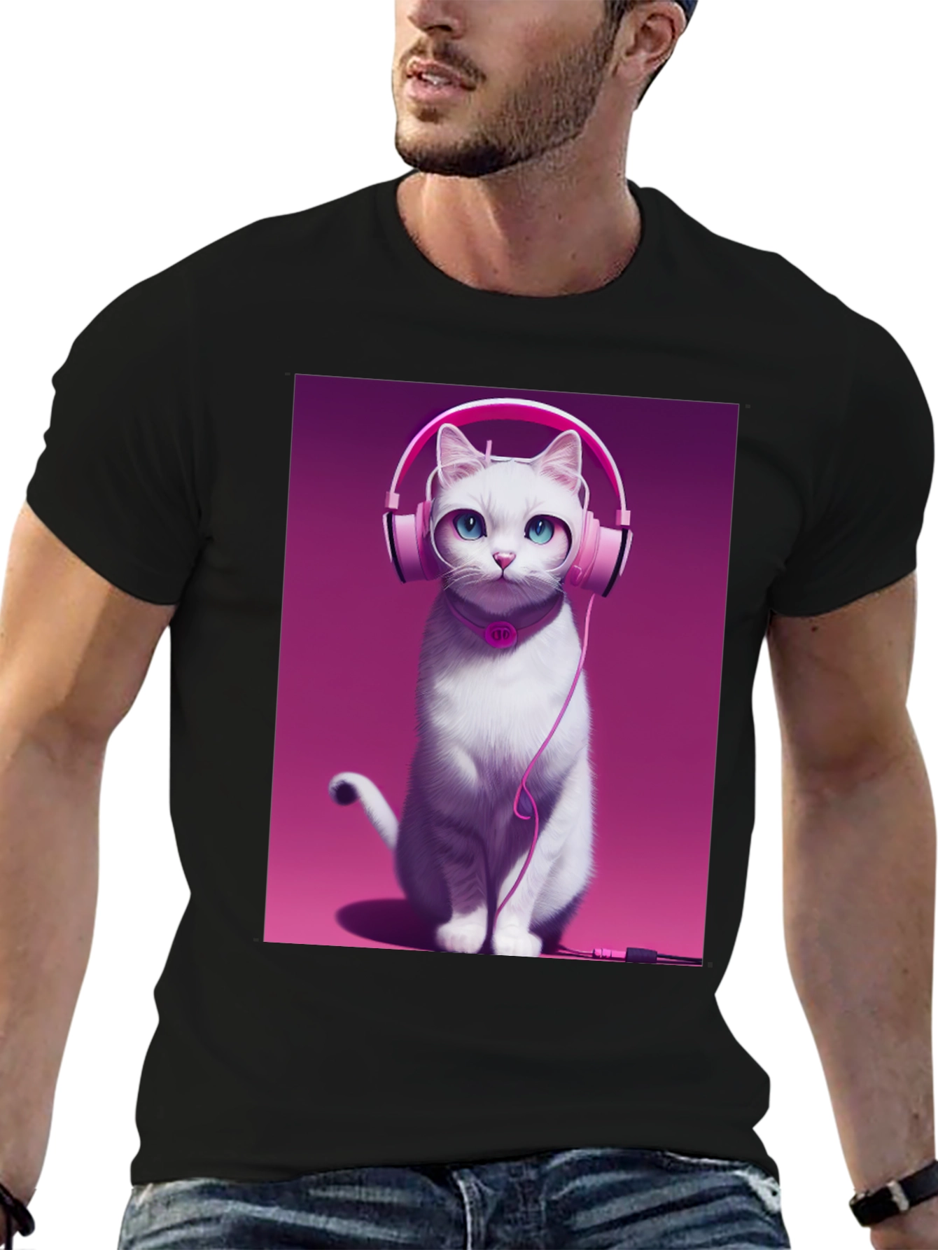 Cat with Headphones Graphic Tee - Black Cotton Shirt