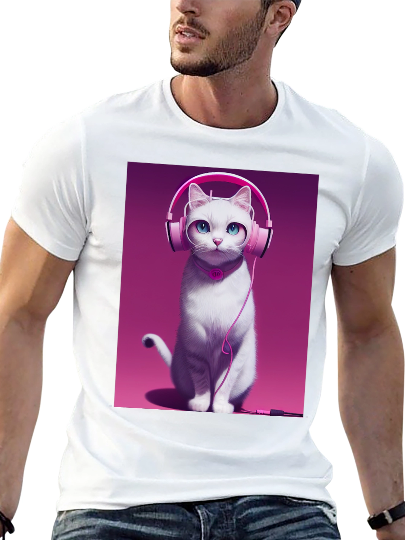 Cat with Headphones Graphic Tee - Black Cotton Shirt