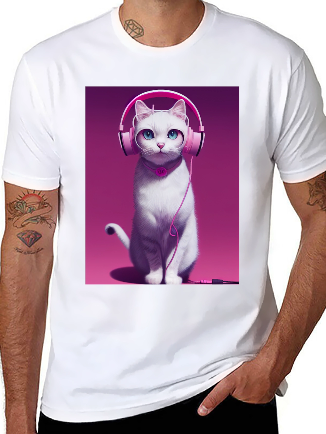 Cat with Headphones Graphic Tee - Black Cotton Shirt