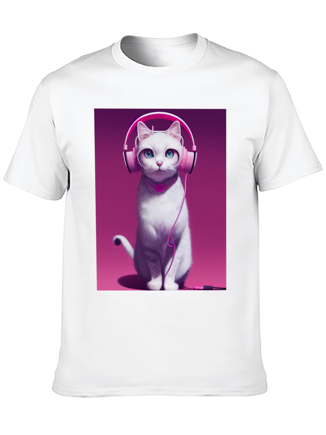 Cat with Headphones Graphic Tee - Black Cotton Shirt